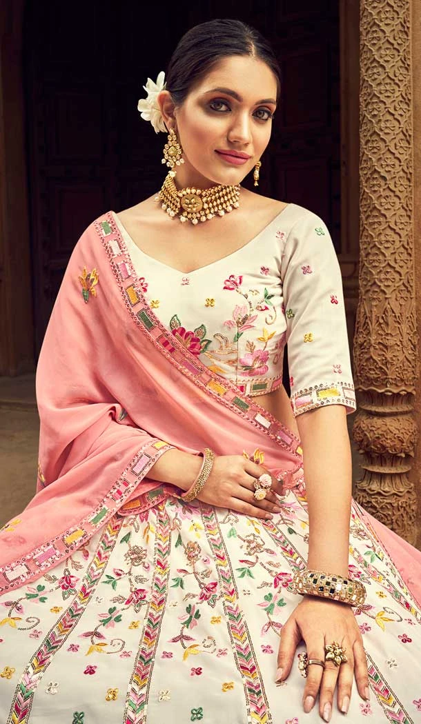 Enigmatic Beige Color Georgette Thread Embroidery Work Function Wear Lehenga Choli -4913158523