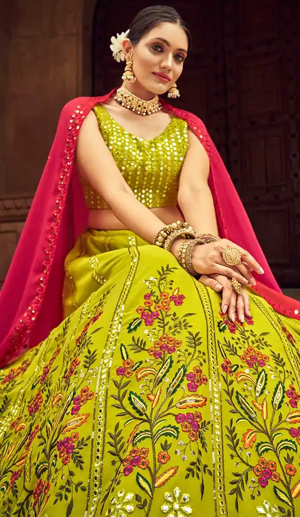 Alluring Flourecent Green Color Georgette Thread Embroidery Work Function Wear Lehenga Choli -4913158524