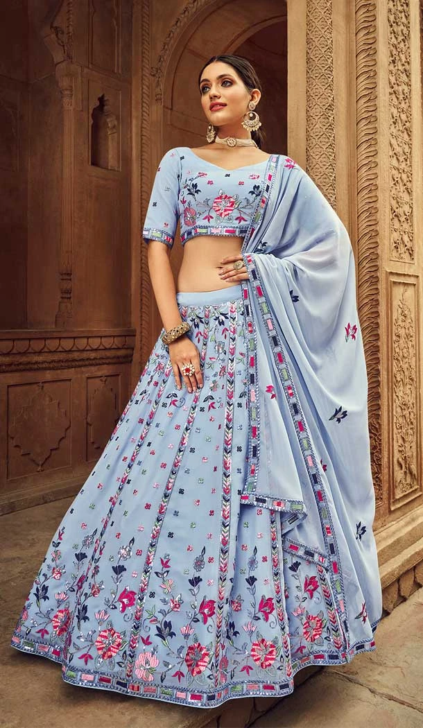 Chic Sky Color Georgette Thread Embroidery Work Function Wear Lehenga Choli -4913158526