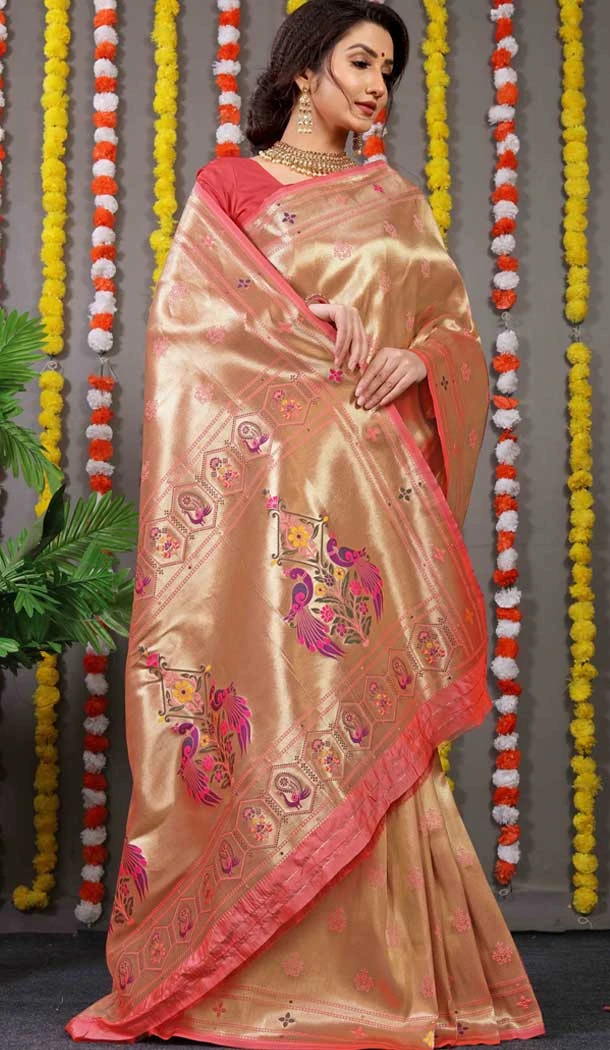 Peach Color Weaving Work Banarasi Silk Festival Wear Traditional Party Saree -4917158550