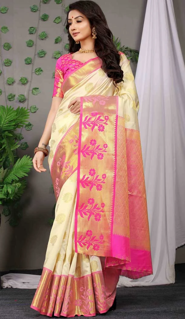 Exquisite Cream Color Weaving Work Banarasi Silk Traditional Function Wear Saree -4918158561