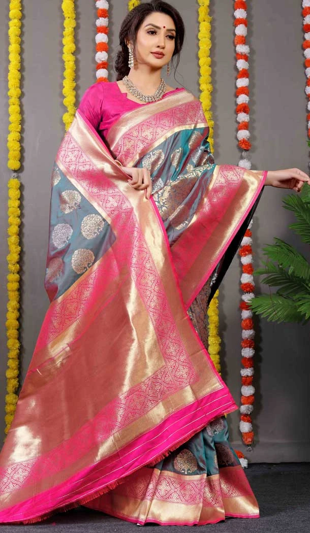 Enigmatic Grey Color Banarasi Silk Weaving Work Designer Party Wear Saree -4919158562
