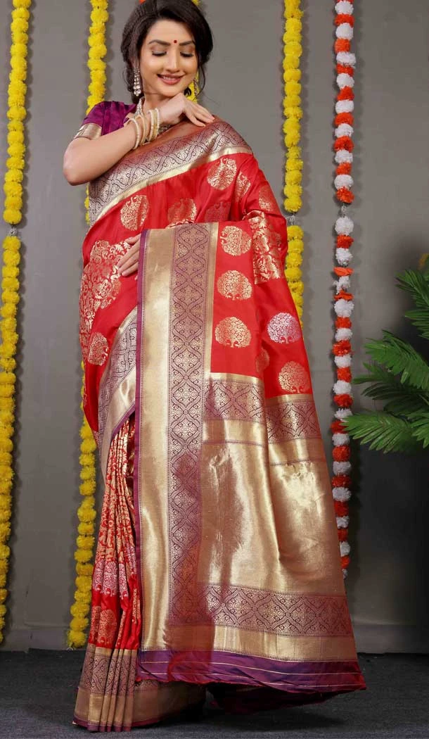 Stylish Red Color Banarasi Silk Weaving Work Designer Party Wear Saree -4919158563