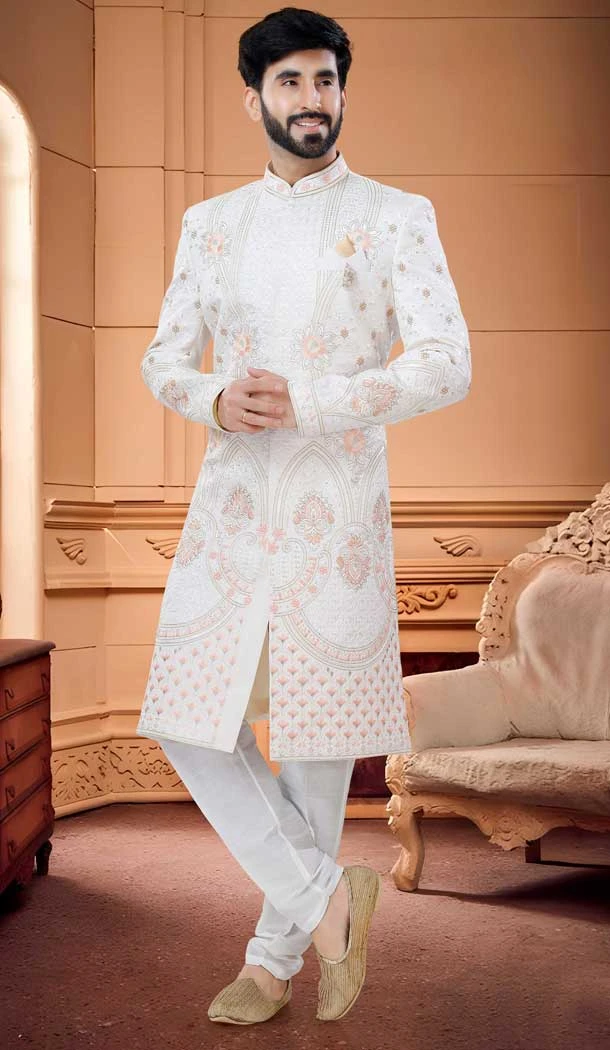 White Color Sequins Work Silk Wedding Wear Readymade Men's Indo Western -4921158582