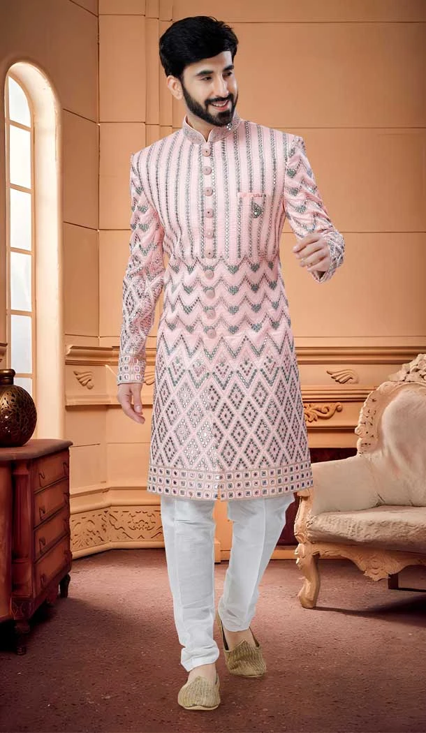 Peach Color Sequins Work Silk Wedding Wear Readymade Men's Indo Western -4921158584