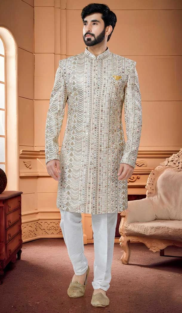 Wedding Wear Cream Color Sequins Work Silk Readymade Men's Indo Western -4921158586