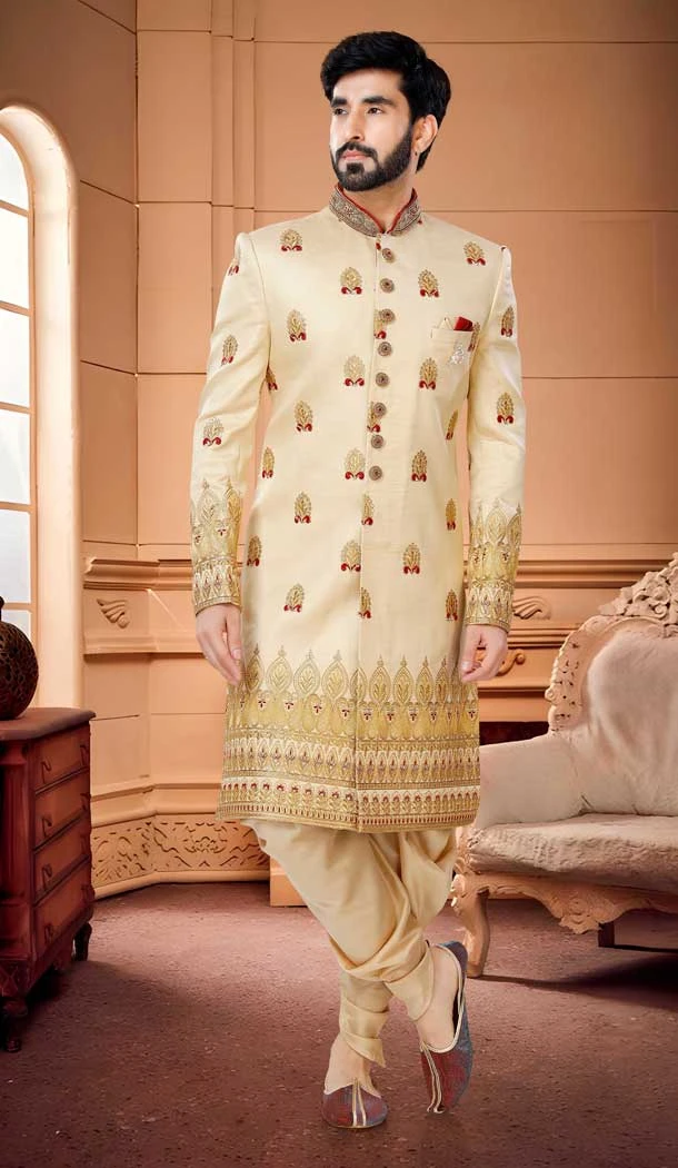 Wedding Wear Gold Color Sequins Work Silk Readymade Men's Indo Western -4921158589