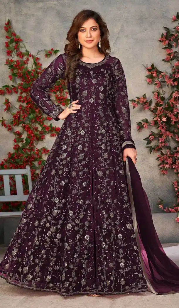 Attractive Wine Color Soft Net Embroidery Work Anarkali Style Salwar Kameez -4929158668