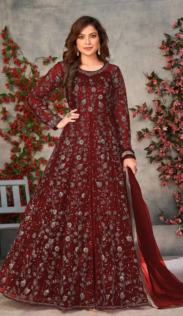 Fascinating Maroon Color Soft Net Embroidery Work Anarkali Style Salwar Kameez -4929158669