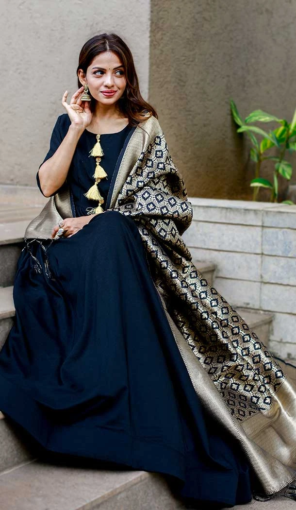 Navy Blue Color Chinon Thread Work Party Wear Party Gown Style Dresses -4943158752