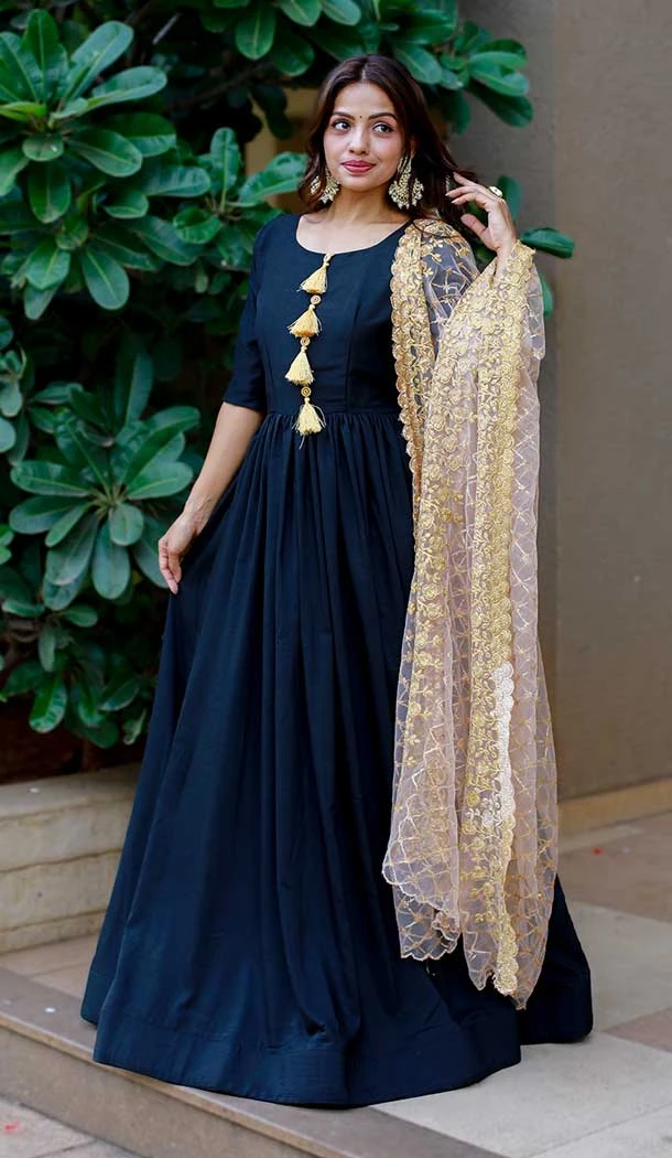 Party Wear Navy Blue Color Thread Work Chinon Party Gown Dresses -4944158756