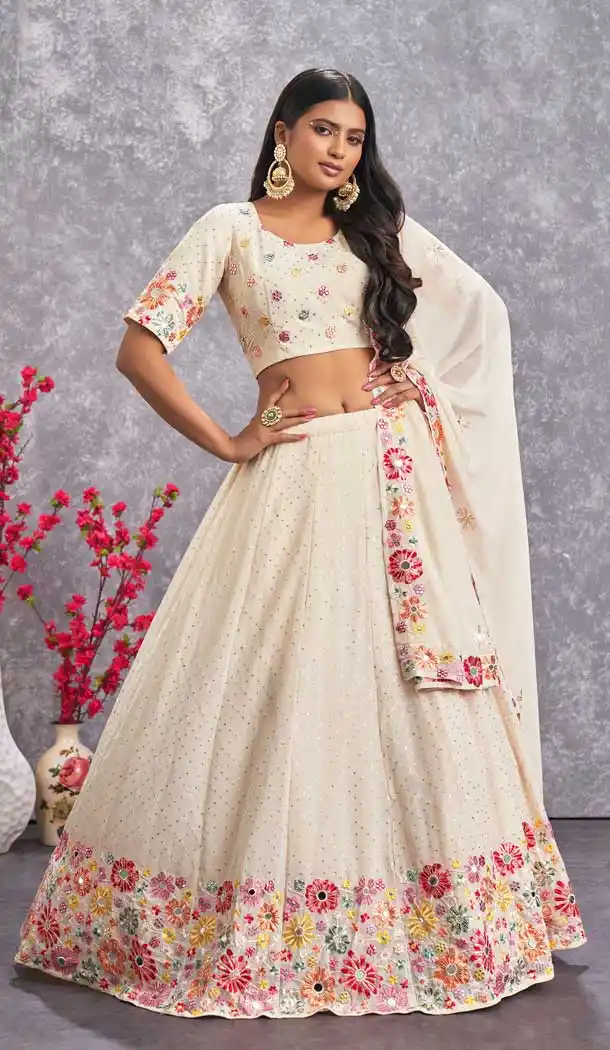 Beige Color Sequins Work Georgette Ceremony Wear Designer Lehenga Choli -4946158765