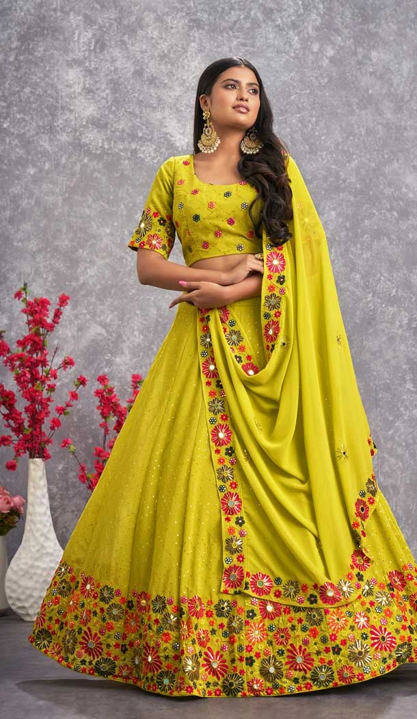 Fluorescent Green Color Sequins Work Georgette Ceremony Wear Designer Lehenga Choli -4946158766