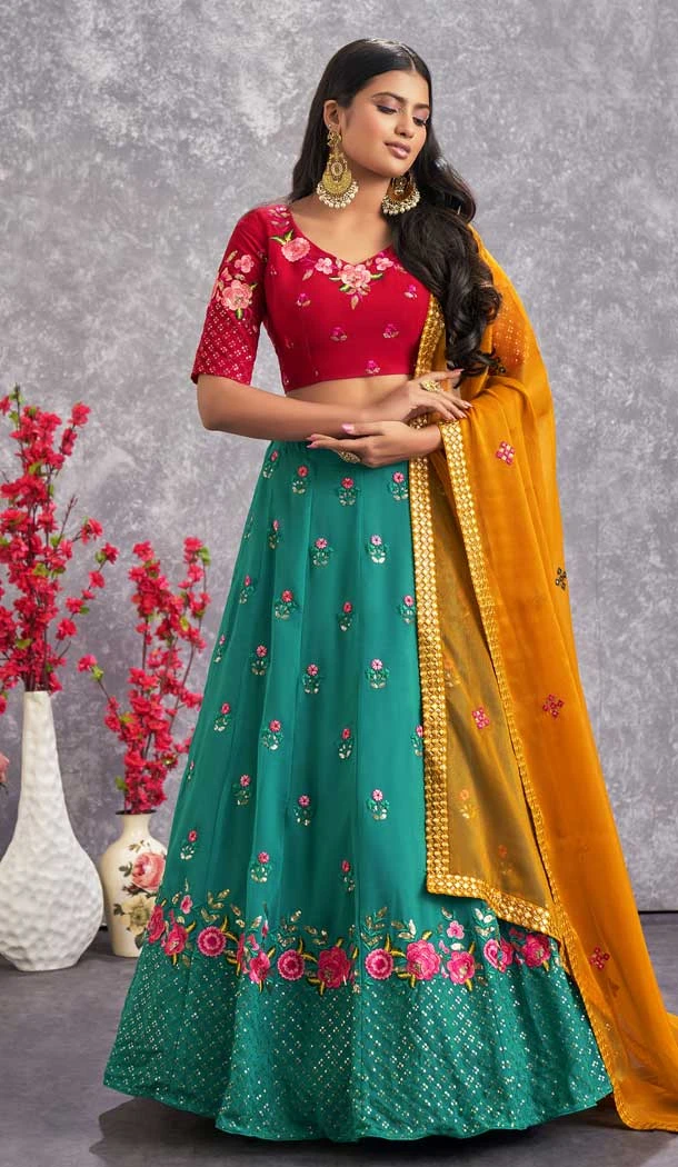 Firozi Blue Color Sequins Work Georgette Ceremony Wear Designer Lehenga Choli -4946158767