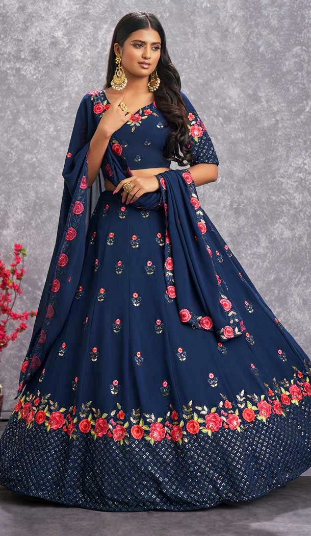 Navy Blue Color Sequins Work Georgette Ceremony Wear Designer Lehenga Choli -4946158768