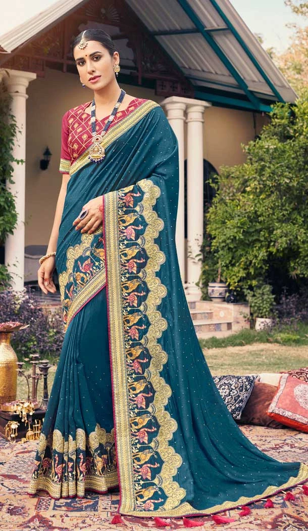 Teal Color Vichitra Silk Embroidered And Stone Work Traditional Wear Saree Saree -4950158784