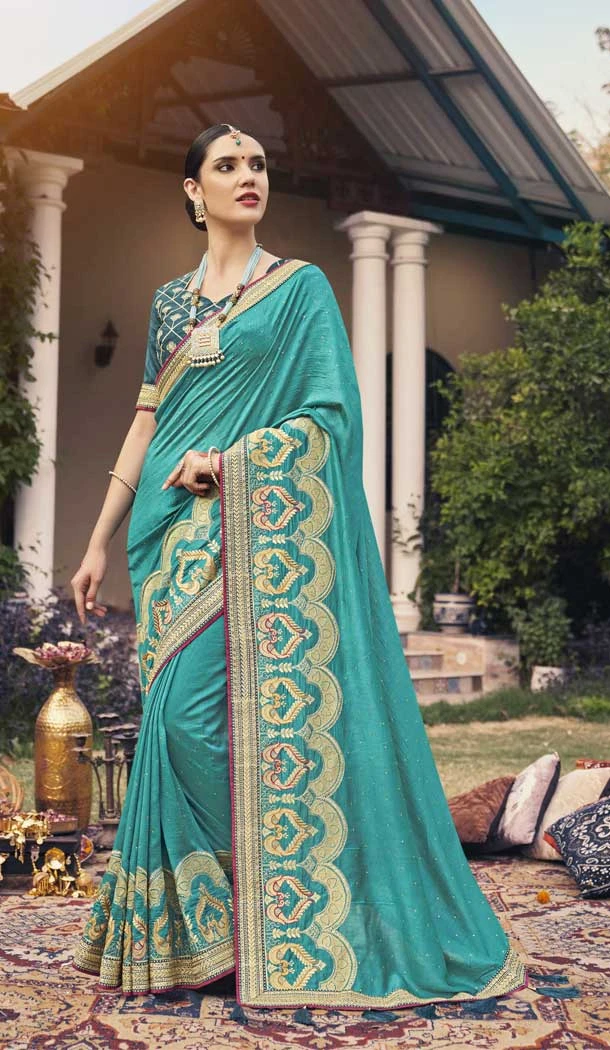 Rama Blue Color Vichitra Silk Embroidered And Stone Work Traditional Wear Saree Saree -4950158786