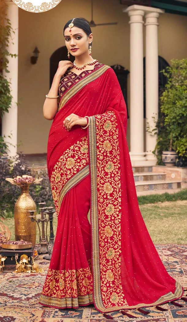Red Color Vichitra Silk Embroidered And Stone Work Traditional Wear Saree Saree -4950158787