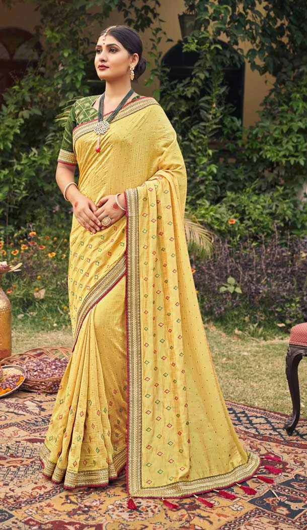 Light Yellow Color Vichitra Silk Embroidered And Stone Work Traditional Wear Saree Saree -4950158788