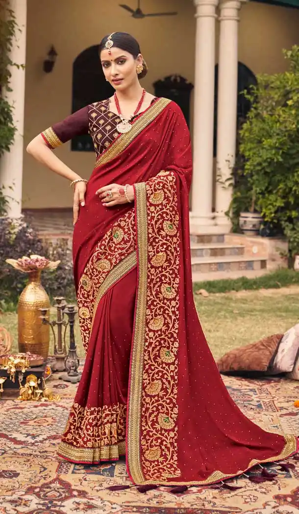 Maroon Color Vichitra Silk Embroidered And Stone Work Traditional Wear Saree Saree -4950158789