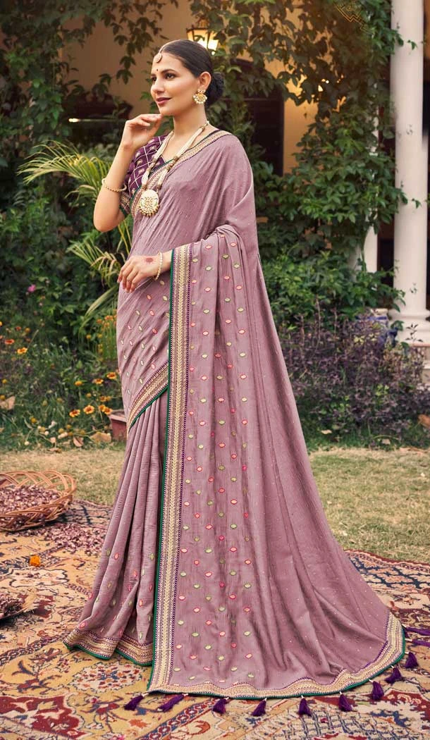 Onion Pink Color Vichitra Silk Embroidered And Stone Work Traditional Wear Saree Saree -4950158791