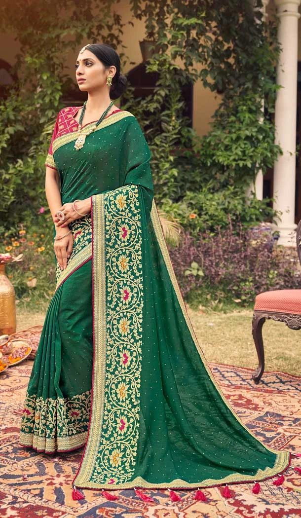 Green Color Vichitra Silk Embroidered And Stone Work Traditional Wear Saree Saree -4950158792