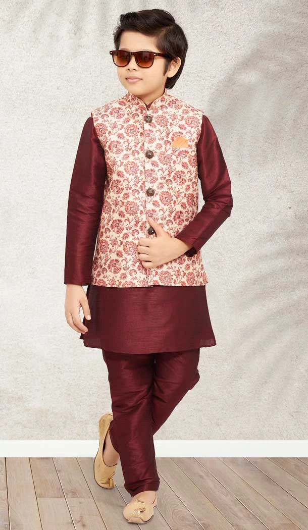 Maroon Color Banarasi Silk Digital Print Work Festive Wear Kids Kurta Pajama -4963158873