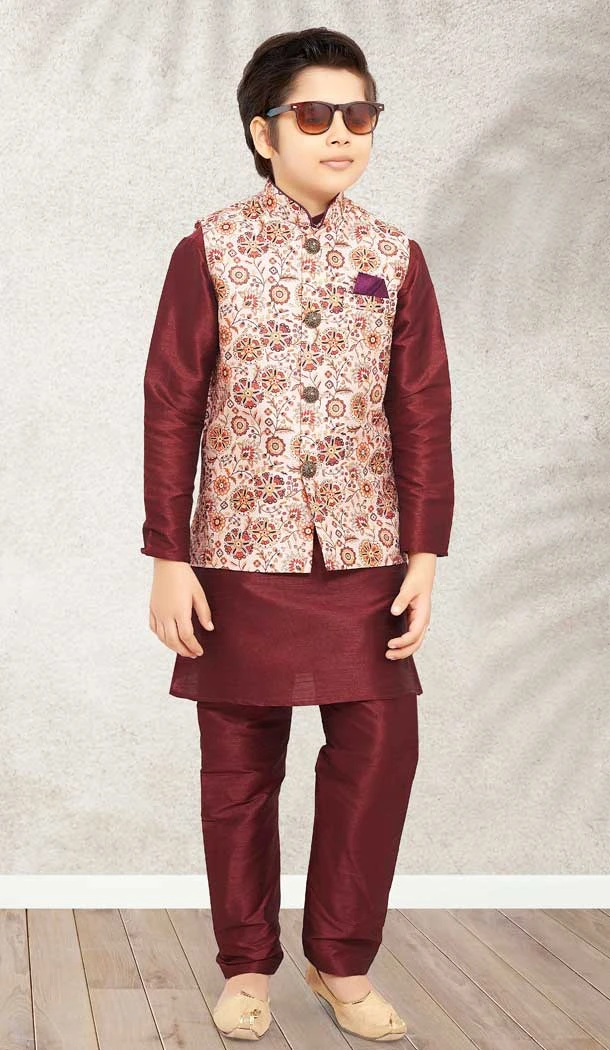 Festive Wear Maroon Color Banarasi Silk Digital Print Work Kids Kurta Pajama -4963158876