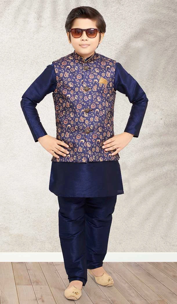 Navy Blue Color Banarasi Silk Digital Print Work Festive Wear Kids Kurta Pajama -4963158877
