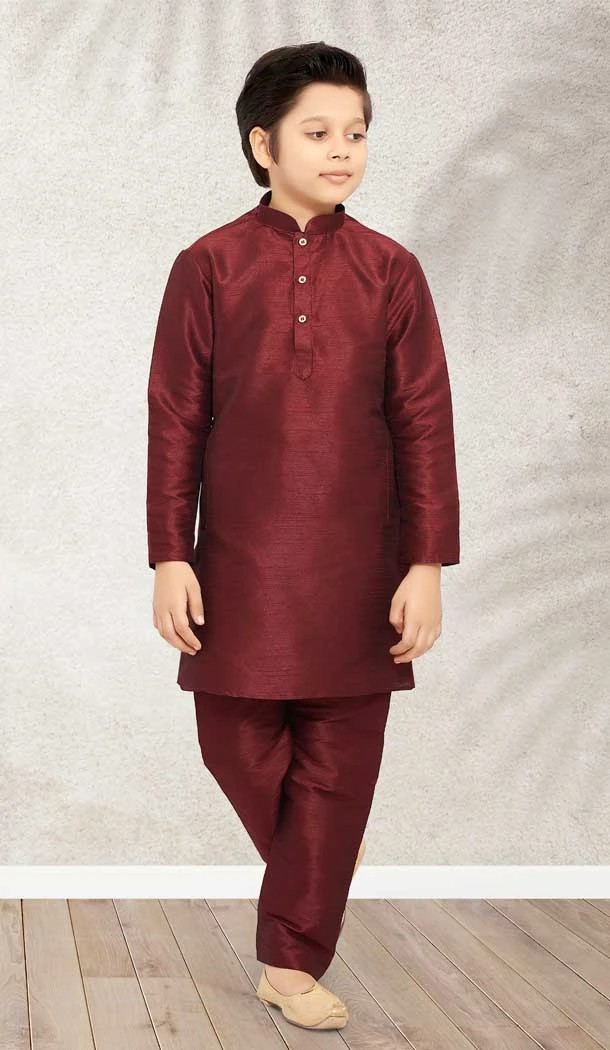 Maroon Color Art Banarasi Silk Work Festive Wear Kids Kurta Pajama -4964158885