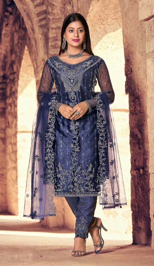 Blue Color Heavy Net Embroidery And Sequins Work Casual Wear Salwar Kameez -4968158906