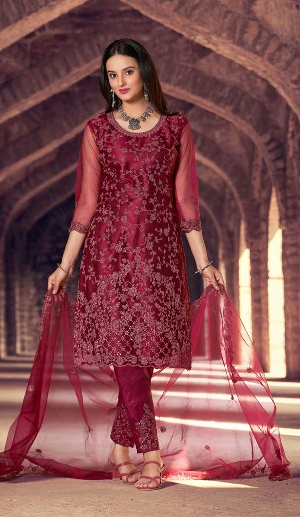Maroon Color Heavy Net Embroidery And Sequins Work Casual Wear Salwar Kameez -4968158907