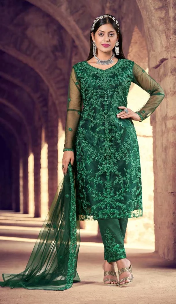 Green Color Heavy Net Embroidery And Sequins Work Casual Wear Salwar Kameez -4968158908