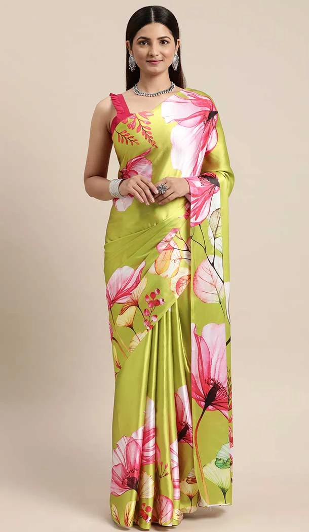 Party Wear Green Color Printed Satin Silk Casual Wear Saree -4974158941 Party Wear Green Color Printed Satin Silk Casual Wear Saree -4974158941