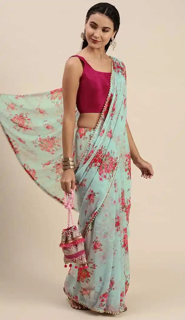 Sky Blue Color Fox Georgette Print Work Formal Party Wear Saree -4976158948
