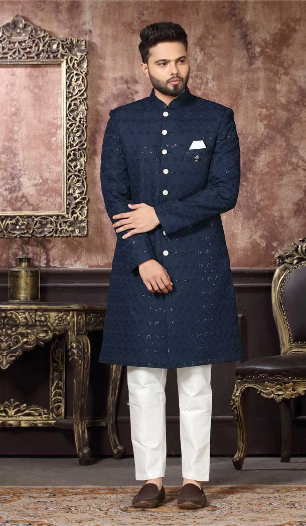 Navy Blue Color Jacquard Thread Work Wedding Wear Men's Indo Western -4980158986