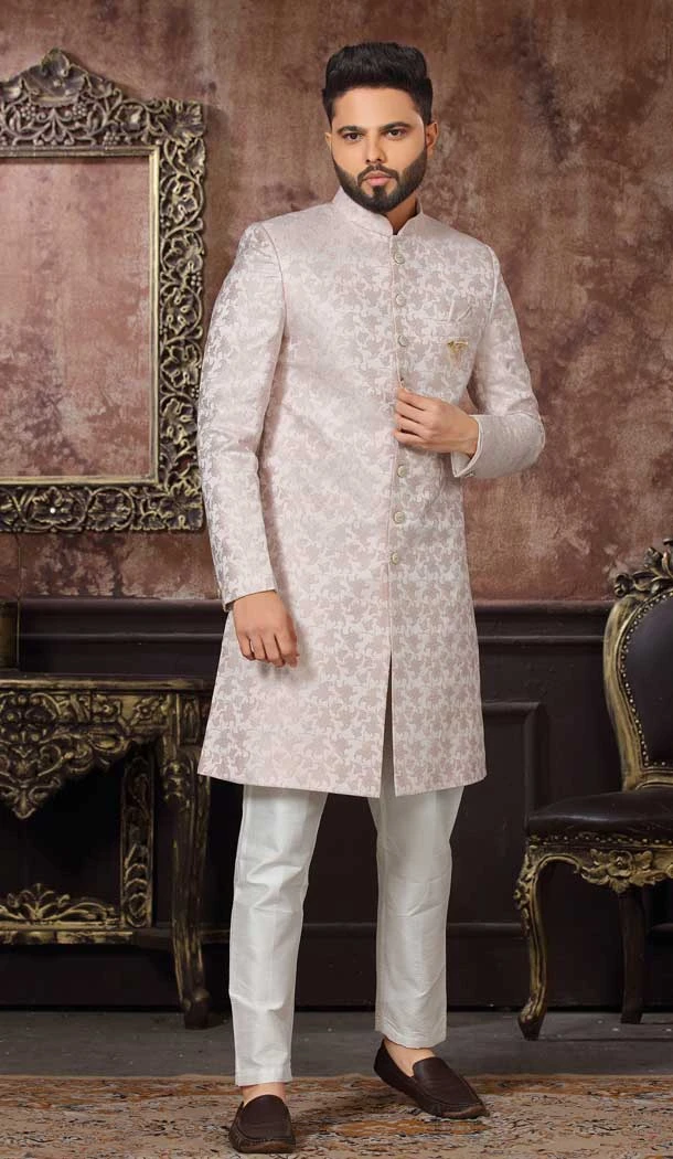 Off White Color Jacquard Digital Print Work Wedding Wear Men's Indo Western -4980158987