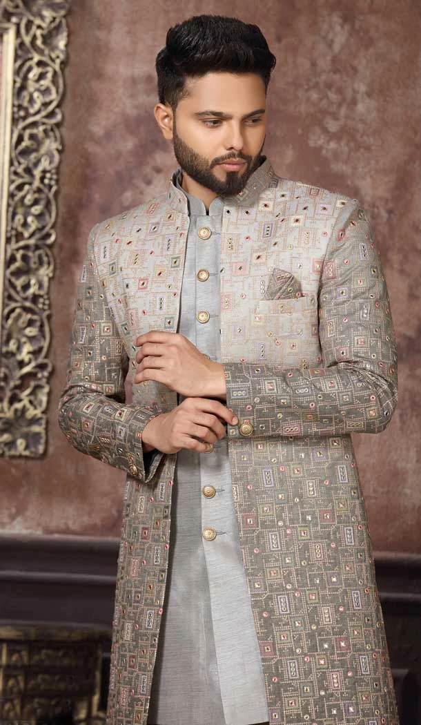 Grey Color Jacquard Thread Work Wedding Wear Men's Indo Western -4980158988