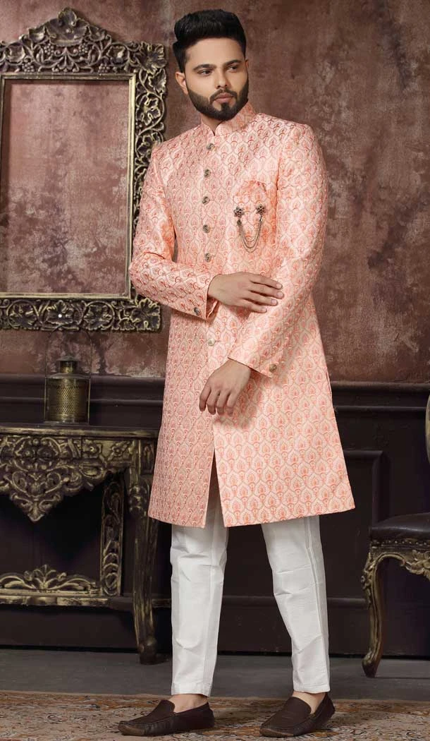 Peach Color Jacquard Embroidery Work Wedding Wear Men's Indo Western -4980158989