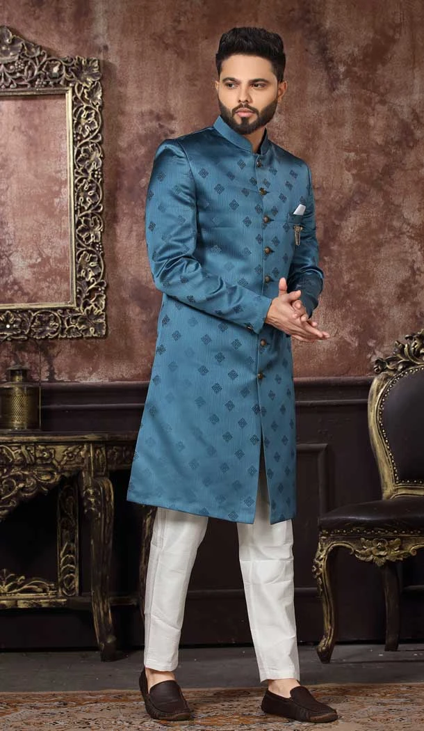 Teal Blue Color Jacquard Digital Print Work Wedding Wear Men's Indo Western -4980158990