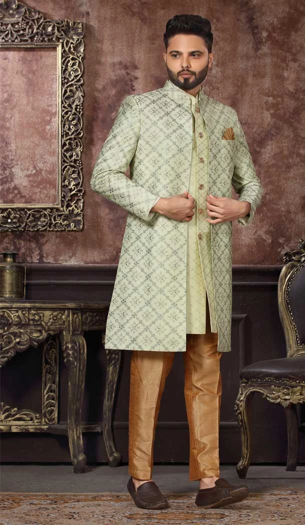 Pista Color Jacquard Embroidery Work Wedding Wear Men's Indo Western -4980158991