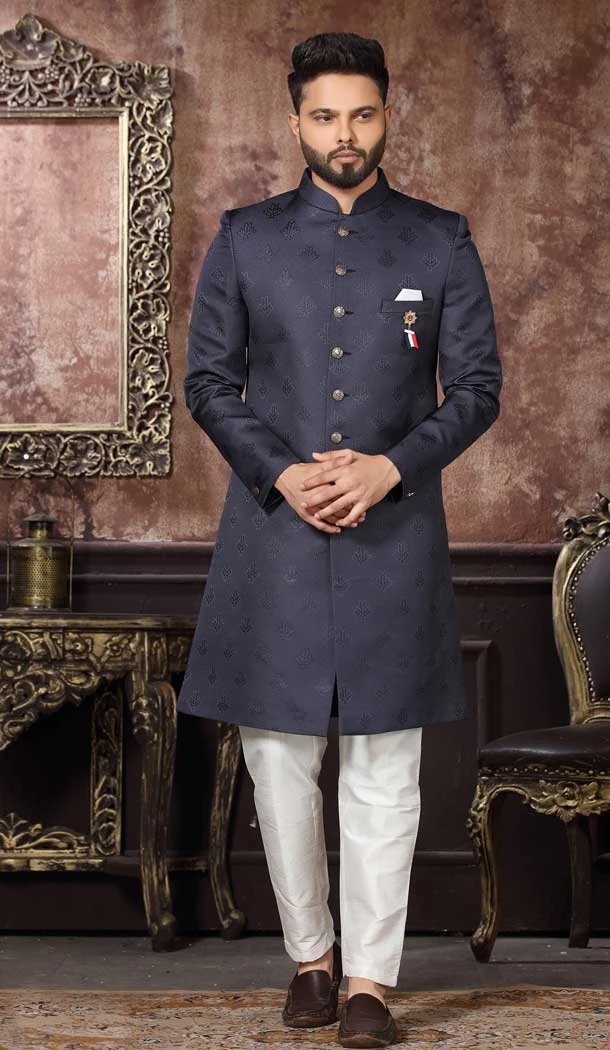 Wedding Wear Navy Blue Color Jacquard Self Work Men's Indo Western -4980158992
