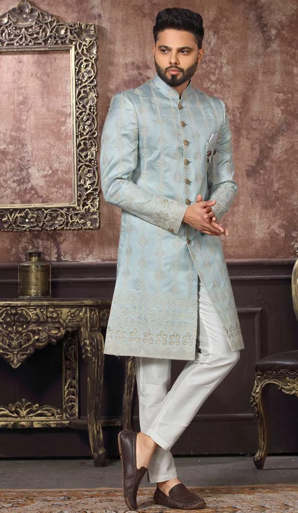 Sky Blue Color Jacquard Embroidery Work Wedding Wear Men's Indo Western -4980158993