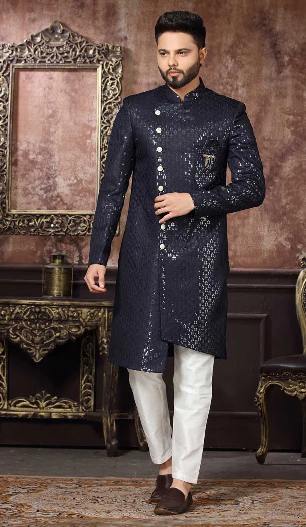 Navy Blue Color Art Silk Embroidery Work Wedding Wear Men's Indo Western -4980158995
