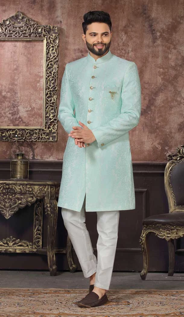 Wedding Wear Sky Blue Color Jacquard Digital Print Work Men's Indo Western -4980158996