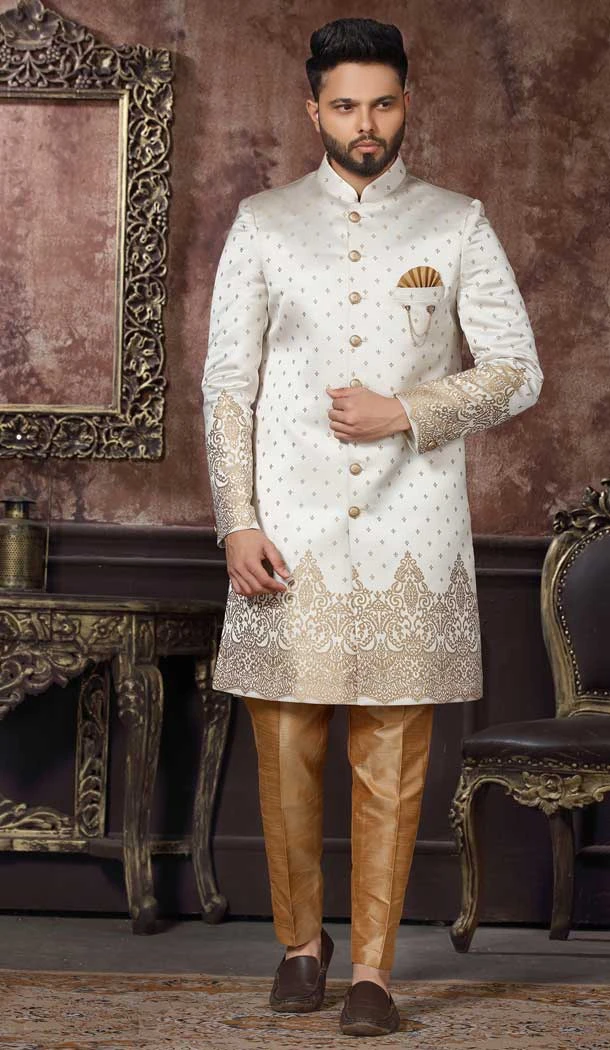 Cream Color Jacquard Digital Print Work Wedding Wear Men's Indo Western -4980158997
