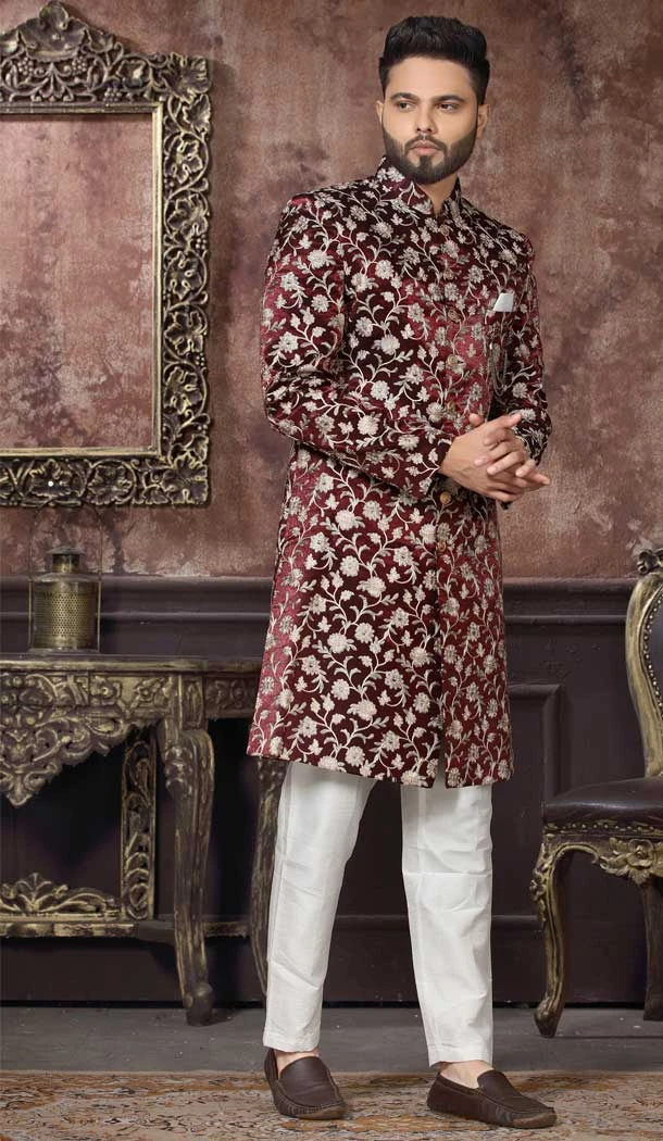 Maroon Color Velvet Embroidery Work Wedding Wear Men's Indo Western -4980158998