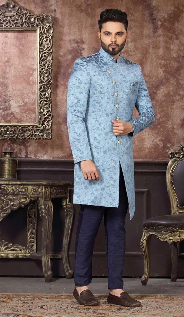 Blue Color Jacquard Digital Print Work Wedding Wear Men's Indo Western -4980158999