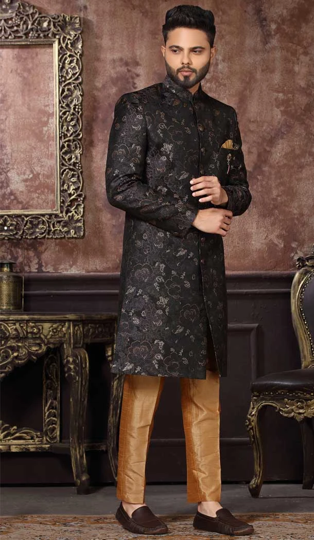 Black Color Jacquard Thread Work Wedding Wear Men's Indo Western -4980159000