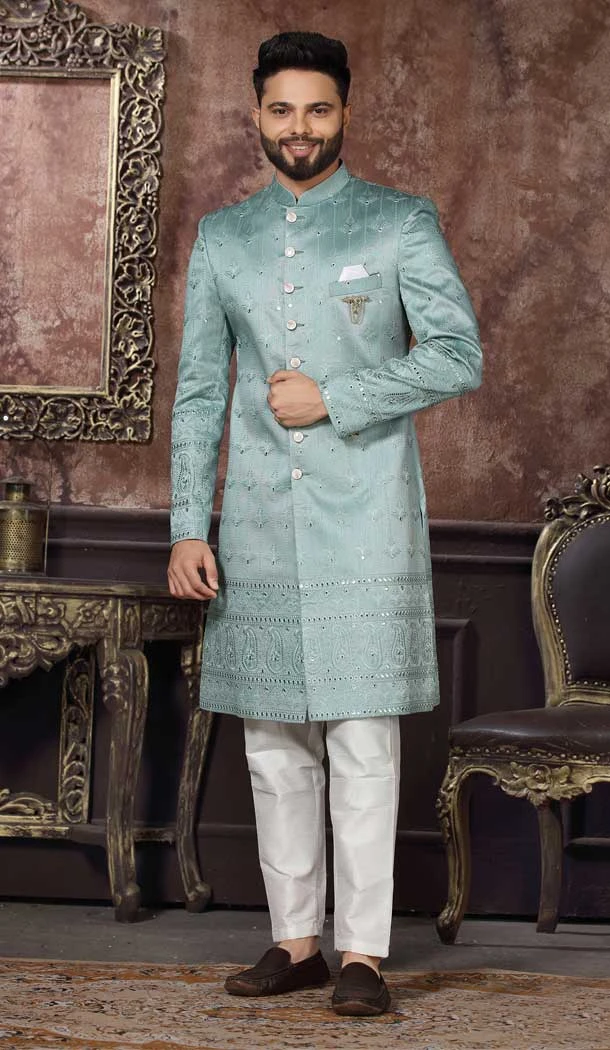 Mint Blue Color Jacquard Embroidery And Mirror Work Wedding Wear Men's Indo Western -4980159001